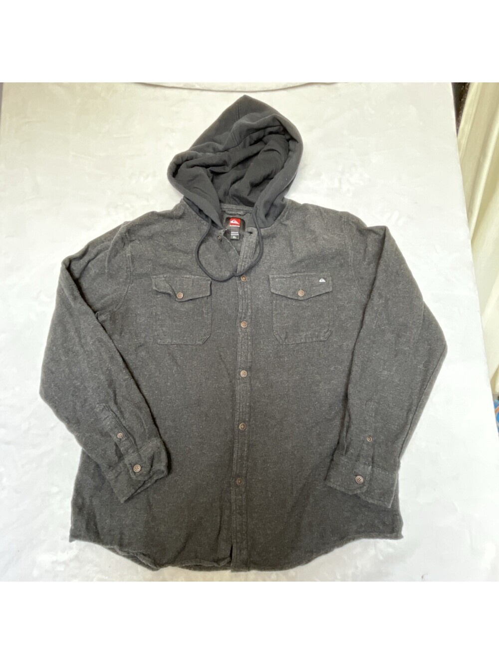 Quicksilver Dark Charcoal Gray Flannel Button Up With Contrasting Hood Xl